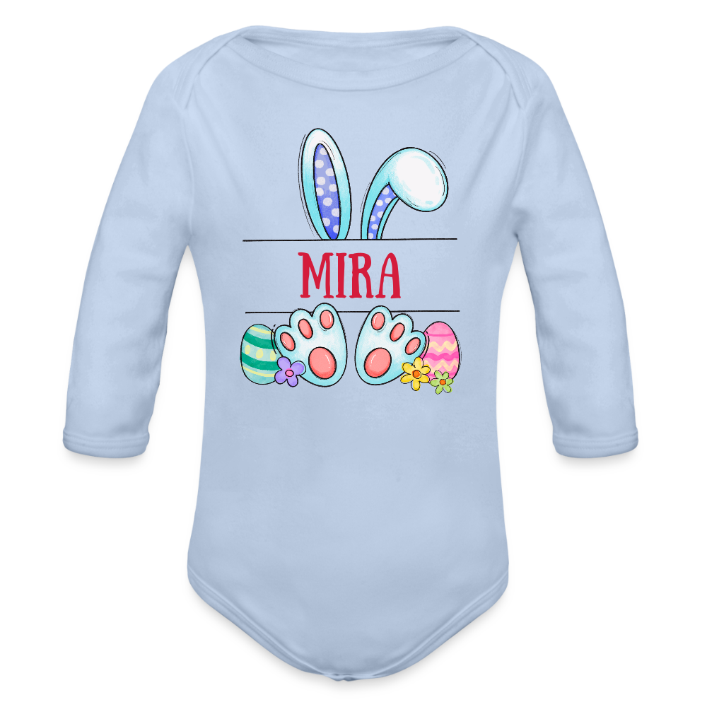 Personalisierter Baby Bio-Langarm-Body für Mädchen - süßer bunter Osterhase Ostereier und Blumen mit Name zum Eintragen - Sky
