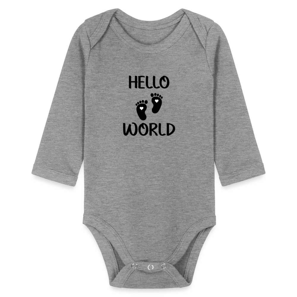 Personalisierter Unisex Baby Bio-Langarm-Body mit Babyfüßen und Spruch "Hello World" - 100% Bio Baumwolle - bis Größe 80 bzw. 12 Monate - in vielen Farben und Größen - Bild, Motiv und Text sind individualisierbar -