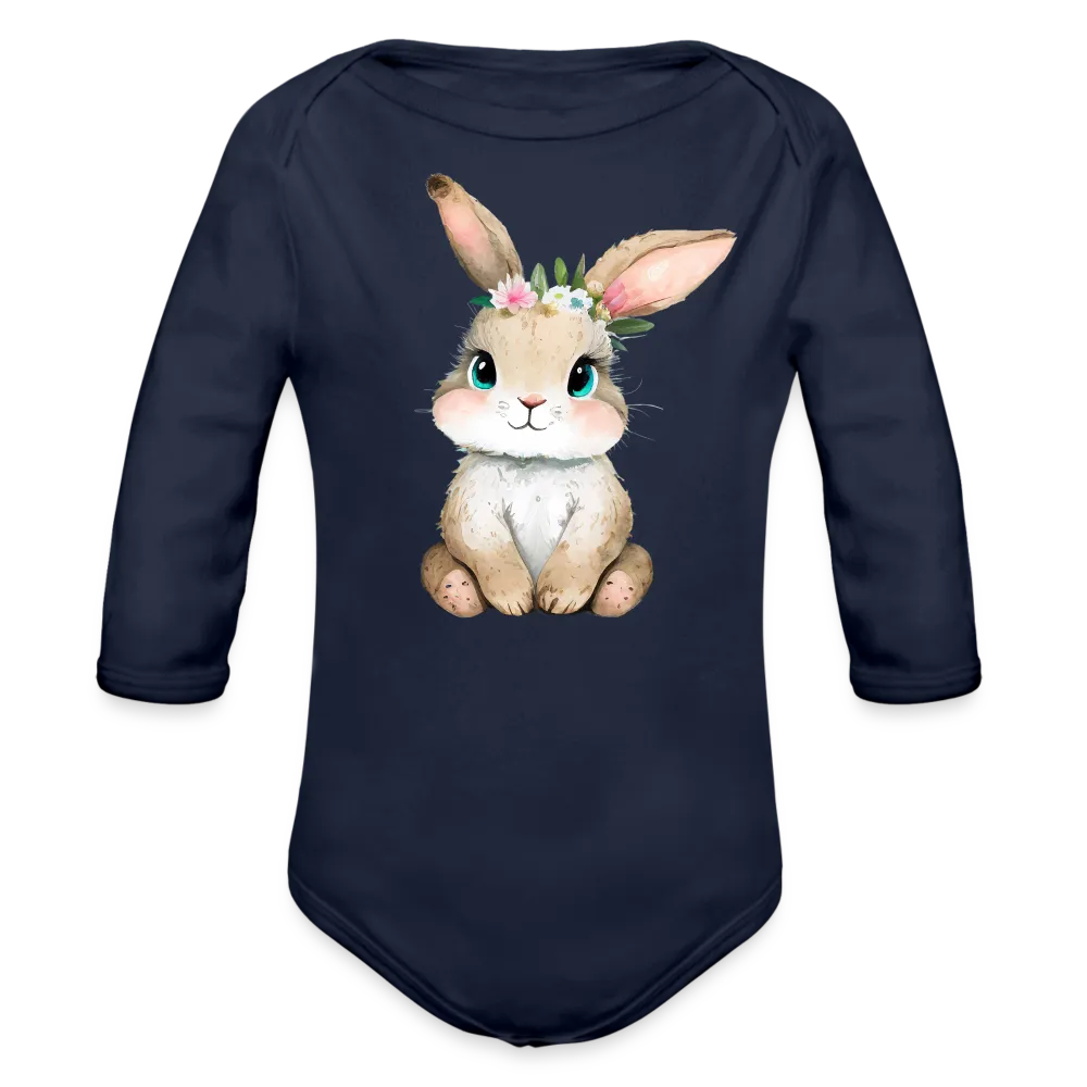 Personalisierter Baby Bio-Langarm-Body für Ostern - niedlicher Bunny Body mit Mädchen Osterhase und Blumen - Motiv, Produkt, Text und eigenes Foto ist easy änderbar - in vielen Farben und Größen bis Größe 80 bzw. 12 Monate - Dunkelnavy
