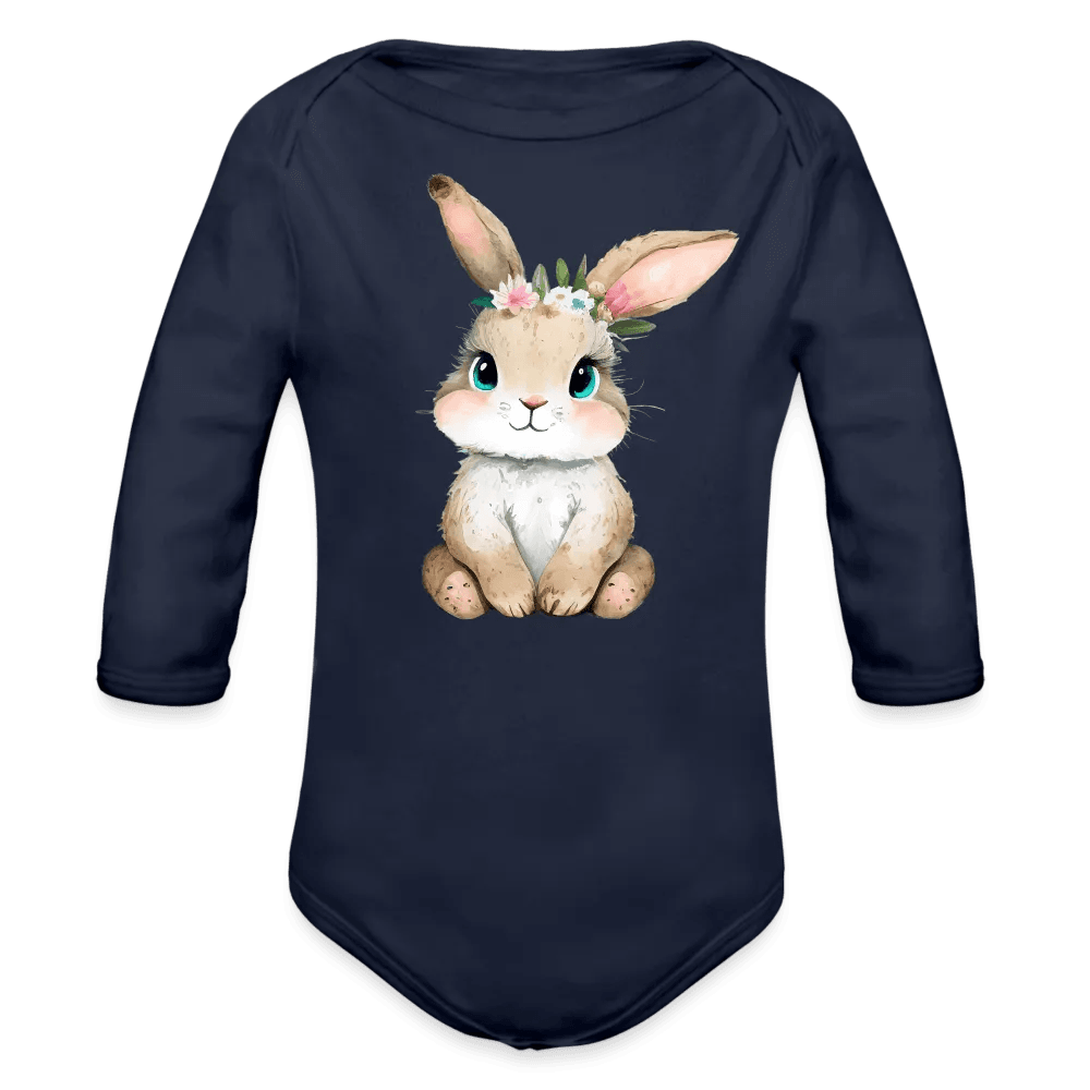 happy-prints.eu - Personalisierter Baby Bio-Langarm-Body für Ostern - niedlicher Bunny Body mit Mädchen Osterhase und Blumen - Motiv, Produkt, Text und eigenes Foto ist easy änderbar - in vielen Farben und Größen bis Größe 80 bzw. 12 Monate