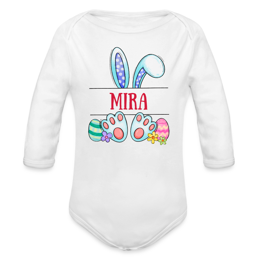 Personalisierter Baby Bio-Langarm-Body für Mädchen - süßer bunter Osterhase Ostereier und Blumen mit Name zum Eintragen - Weiß