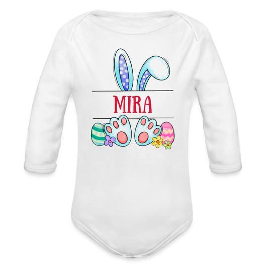 Personalisierter Baby Bio-Langarm-Body für Mädchen - süßer bunter Osterhase Ostereier und Blumen mit Name zum Eintragen - Weiß