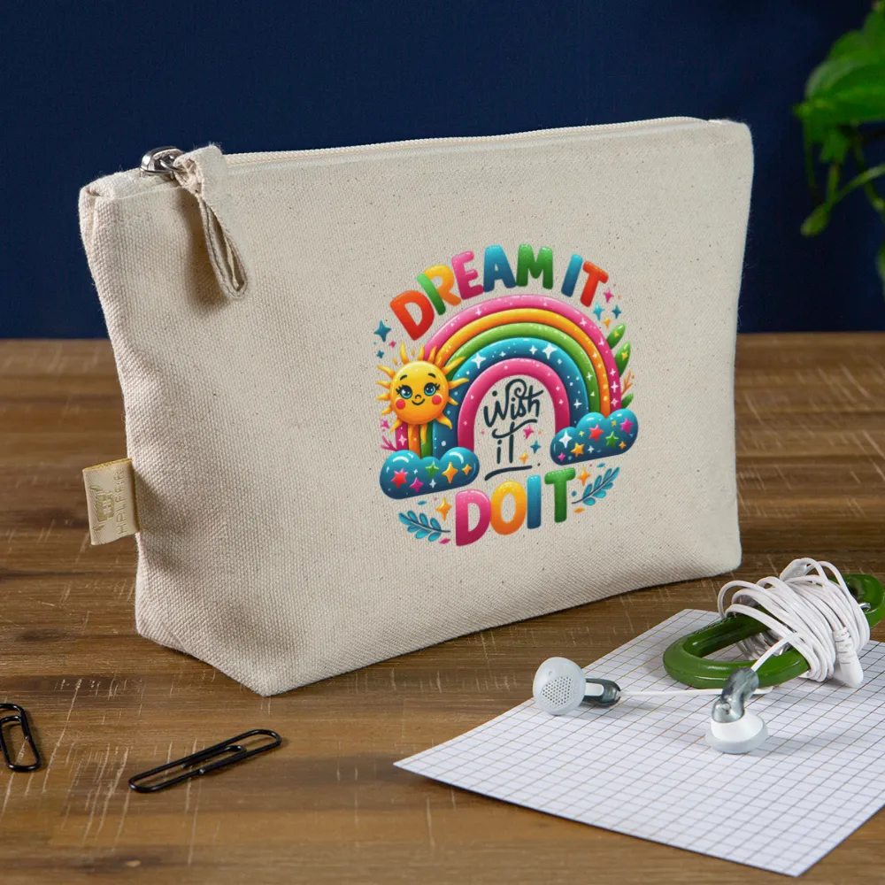 Personalisierte Tasche / Kulturtasche mit Rainbow Regenbogen, Sonne und Sterne und Spruch "Dream it - wish it - do it" - Täschchen für Mädchen und Damen aus Bio Baumwolle - Individualisierung bei Text und Motiv - 250 x 140 x 60 mm -