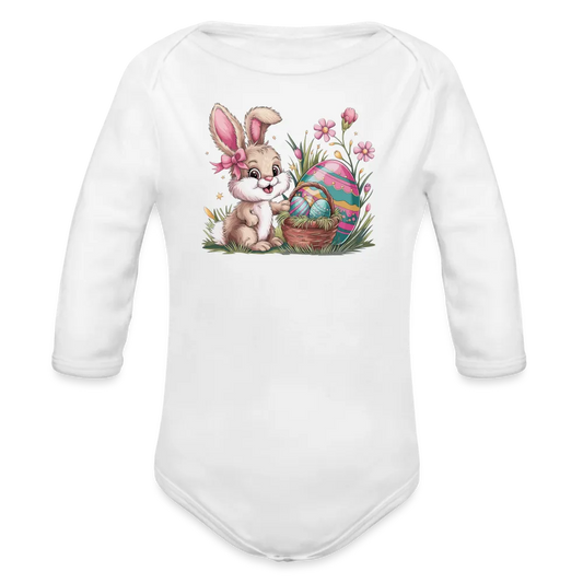 Personalisierter Baby Bio-Langarm-Body für Ostern - Frohe Ostern Body mit Osterhase, Ostereier und Blumen - niedlicher Hase für Mädchen - Motiv, Produkt, Text und eigenes Foto ist easy einsetzbar - in vielen Farben und Größen bis Größe 80 bzw. 12 Monate - Weiß