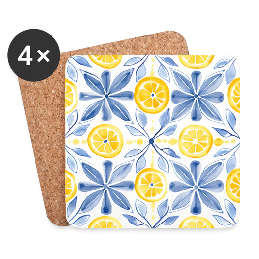 Personalisierte Untersetzer (4er-Set) mit Zitronen und Blätter - sommerliches gelb, blau und weiß - Motiv austauschbar - 95 x 95 x 3 mm - Weiß One size