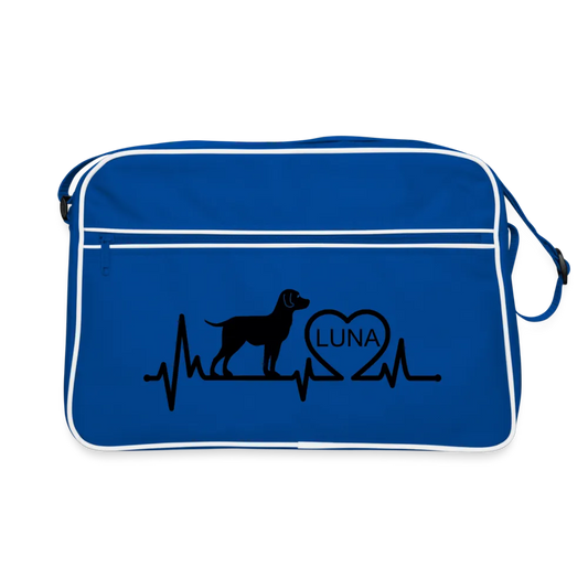 Personalisierte Retro Tasche mit Hund, Herzschlaglinie und Herz mit Name - Text, Bild, Motiv und Farbe individualisierbar - Blau Weiß One size