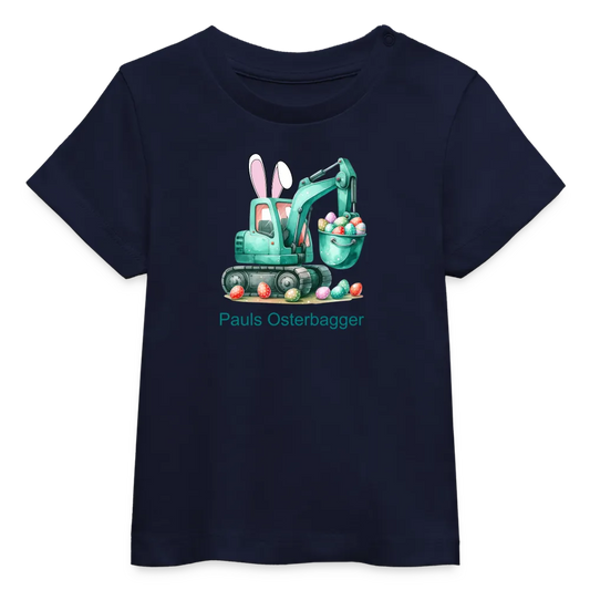 Baby Bio-T-Shirt mit Bagger, Ostereier und Osterhasen Ohren - Jungen Shirt für Ostern bis ca. 3 Jahre - Motiv, Text, Farbe und Produkt einfach änderbar - Navy