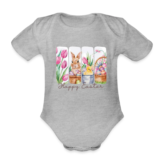 Personalisierter Baby Bio-Kurzarm-Body für Mädchen mit Osterhasen, Kücken, Tulpen und Ostereier - Babybody für Ostern - in vielen Farben und Größen - Motiv und Text individualisierbar - Grau meliert