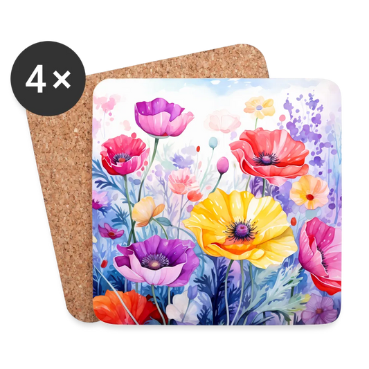 Personalisierte Untersetzer (4er-Set) mit bunten Mohnblumen - Motiv austauschbar - 95 x 95 x 3 mm - Weiß One size