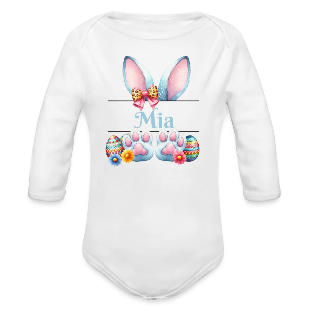 Personalisierter Baby Bio-Langarm-Body für Ostern - Frohe Ostern Body mit Osterhasen Ohren, Ostereier und Name - niedlicher Print für Mädchen - Name, Motiv und Produkt sind leicht änderbar - in vielen Farben und Größen bis Größe 80 bzw. 12 Monate - Weiß