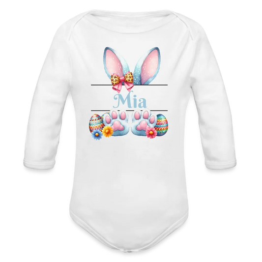 Personalisierter Baby Bio-Langarm-Body für Ostern - Frohe Ostern Body mit Osterhasen Ohren, Ostereier und Name - niedlicher Print für Mädchen - Name, Motiv und Produkt sind leicht änderbar - in vielen Farben und Größen bis Größe 80 bzw. 12 Monate - Weiß