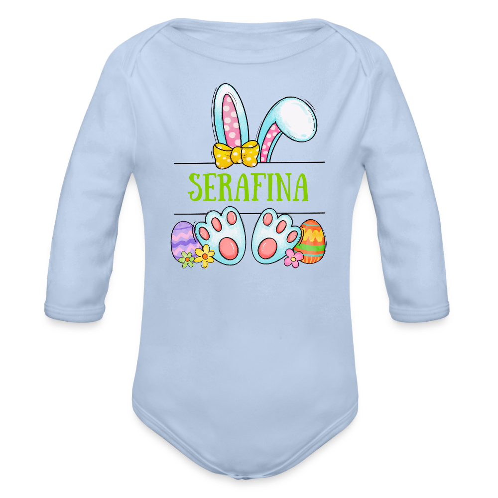 Personalisierter Baby Bio-Langarm-Body mit Oster Motiv für Mädchen - süßer bunter Osterhase mit Name - Sky
