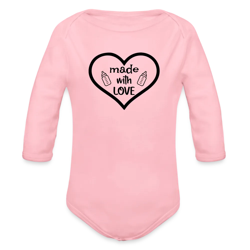 Personalisierter Unisex Baby Bio-Langarm-Body mit Spruch "Made with love" - 100% Bio Baumwolle - bis Größe 80 bzw. 12 Monate - in vielen Farben und Größen - Bild, Motiv und Text sind individualisierbar - Hellrosa