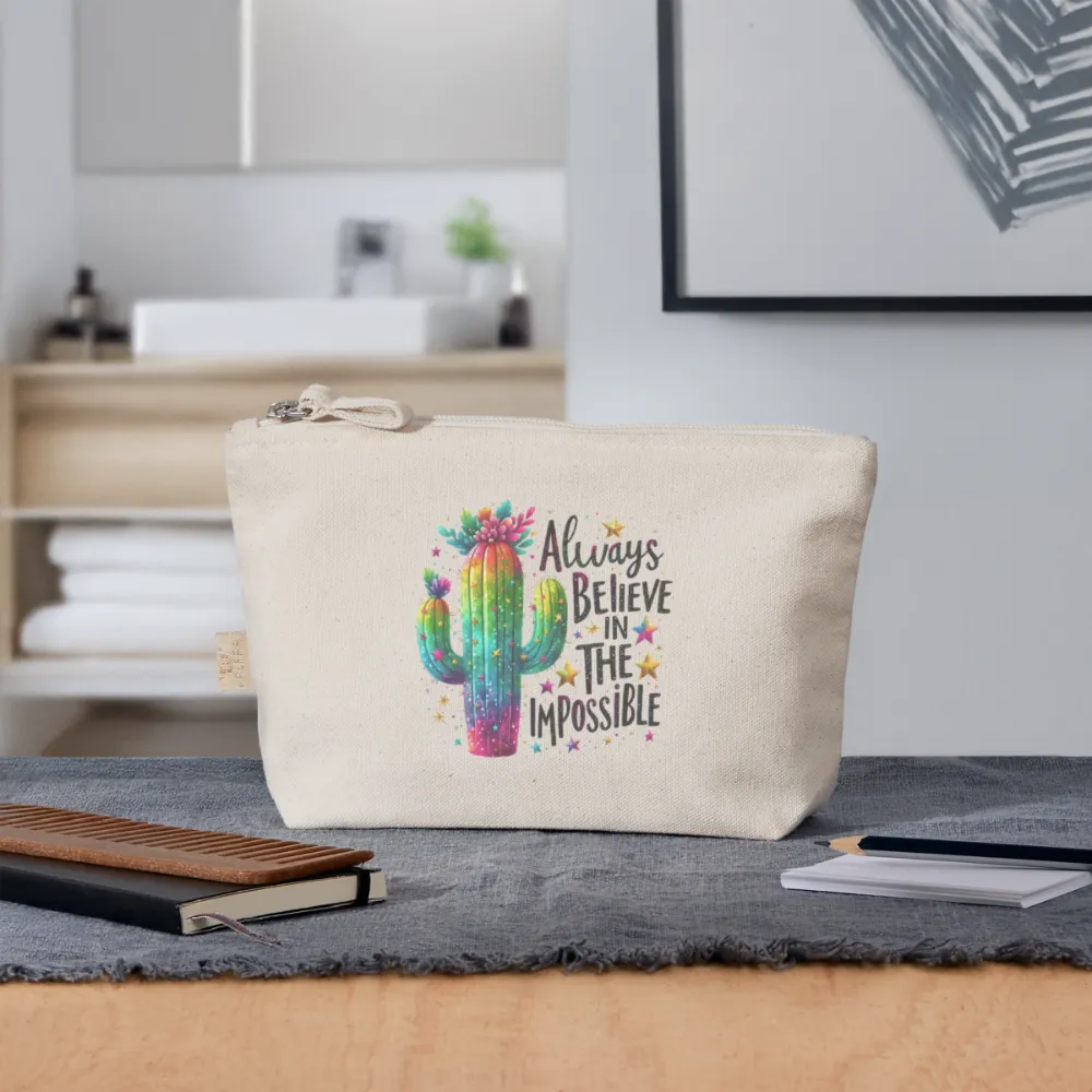 Personalisierte Tasche / Kulturtasche mit Rainbow Kaktus und Spruch "Always believe in the impossible" - Täschchen für Mädchen und Damen aus Bio Baumwolle - Individualisierung bei Text und Motiv - 250 x 140 x 60 mm -