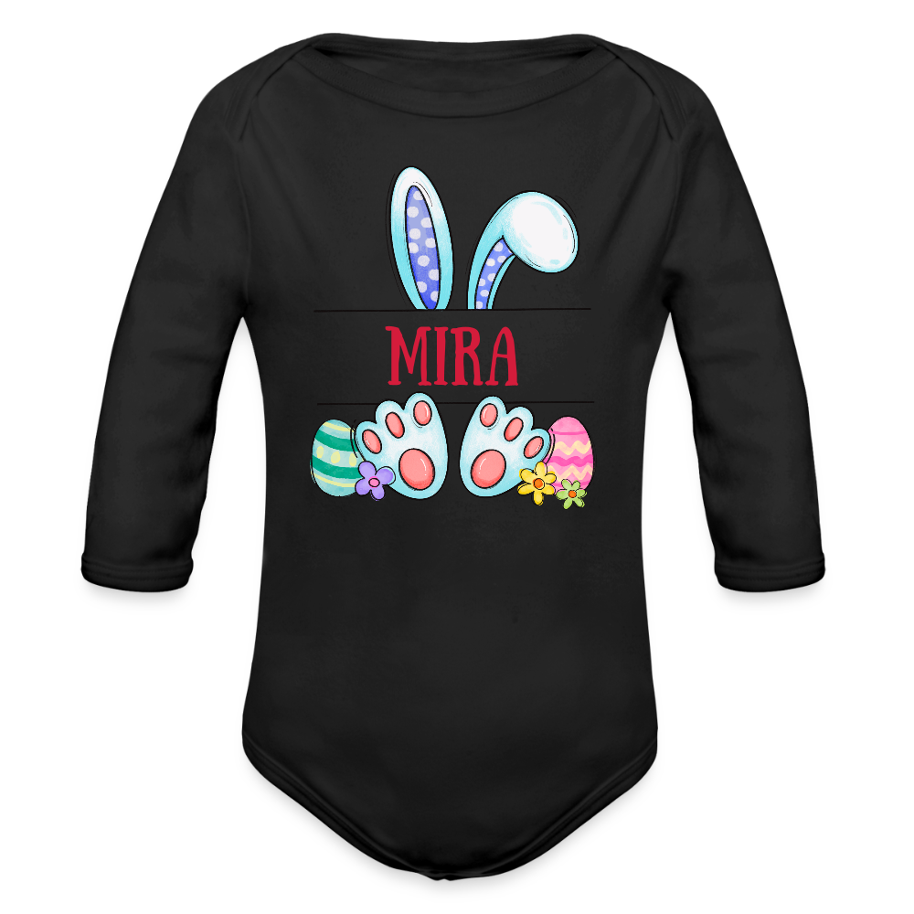 Personalisierter Baby Bio-Langarm-Body für Mädchen - süßer bunter Osterhase Ostereier und Blumen mit Name zum Eintragen - Schwarz