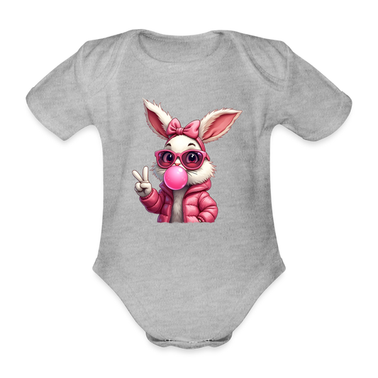 Personalisierter Baby Bio-Kurzarm-Body für Mädchen mit Osterhasen, Brille und Kaugummi - Babybody für Ostern - in vielen Farben und Größen - Motiv und Text individualisierbar - Grau meliert