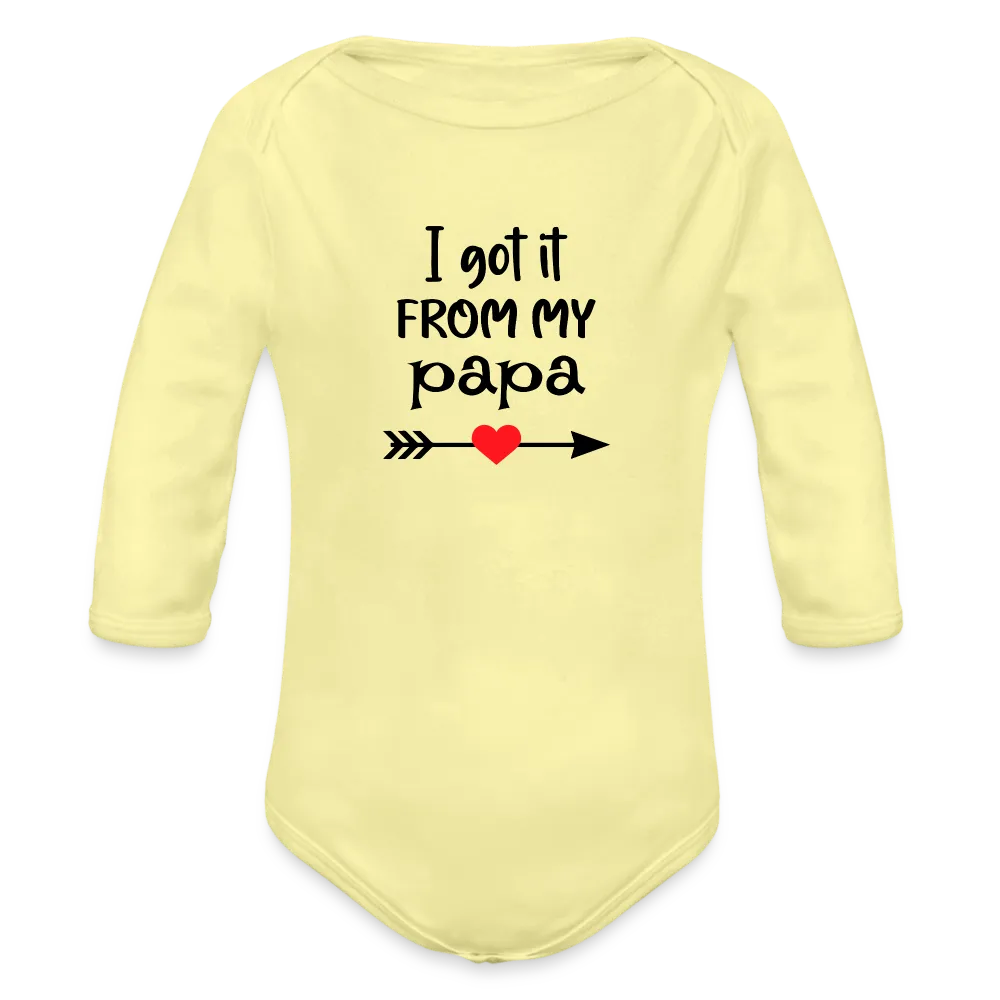 Personalisierter Unisex Baby Bio-Langarm-Body mit Spruch - 100% Bio Baumwolle - bis Größe 80 bzw. 12 Monate - in vielen Farben und Größen - Bild, Motiv und Text sind individualisierbar - Hellgelb