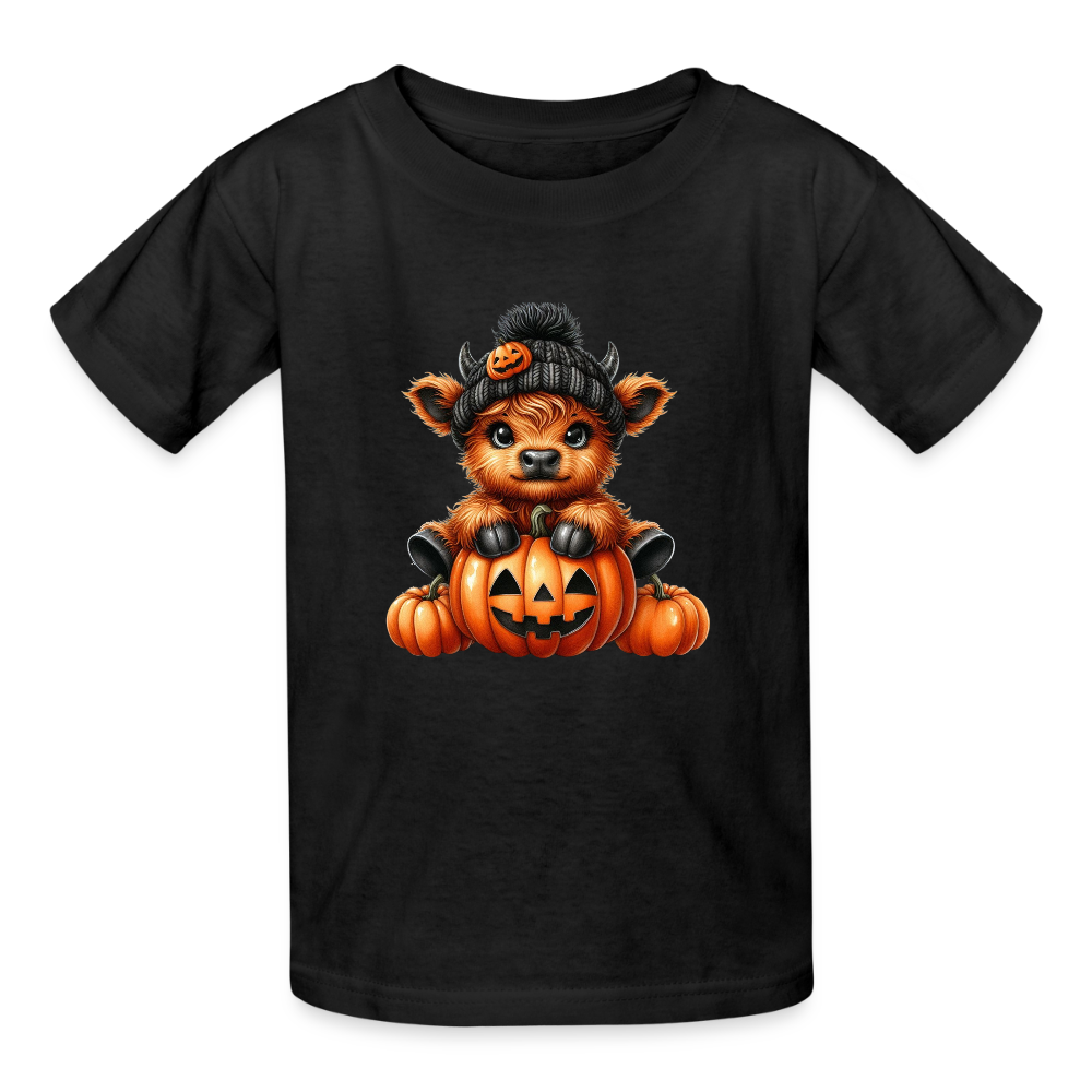 Personalisierbares Kinder T-Shirt für Halloween - Yak mit Kürbis auf schwarz - Motiv kann auf jedes Kurzarm- oder Langarm-Shirt gedruckt werden - auch für Erwachsene - viele weitere Farben und Größen - Schwarz
