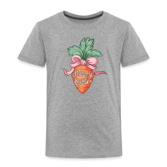 Personalisiertes Frohe Ostern Kinder T-Shirt mit Karotte, Masche und Spruch "Happy Easter" - cooles Mädchen Ostershirt - Motiv, Produkt, Text und eigene Bilder easy anpassbar - in vielen Farben und Größen (bis Größe 140 bzw. 8 Jahre) - Grau meliert