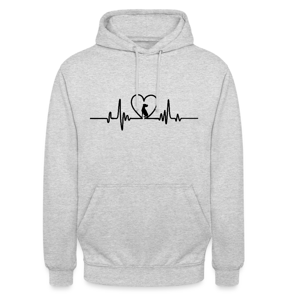 Personalisierter Unisex Hoodie mit Hund in Herz auf Herzlinie - Sweater für Frauen und Männer - viele Farben und Größen - Text und Motiv anpassbar - Hellgrau meliert