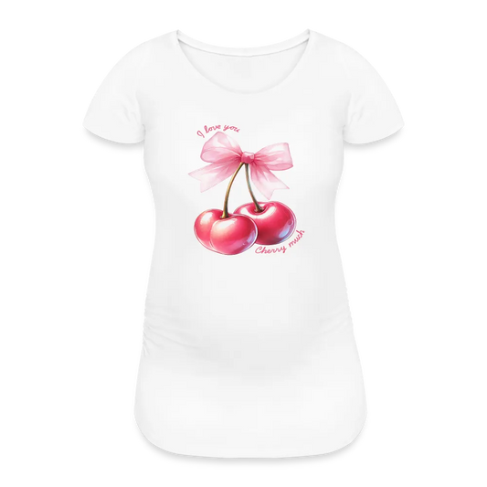 Personalisiertes weißes Schwangerschafts-T-Shirt mit rosa Kirschen und "I love you - Cherry much" - Print Motiv und Text änderbar - Damen Shirt zum Valentinstag - auch in großen Größen - Weiß