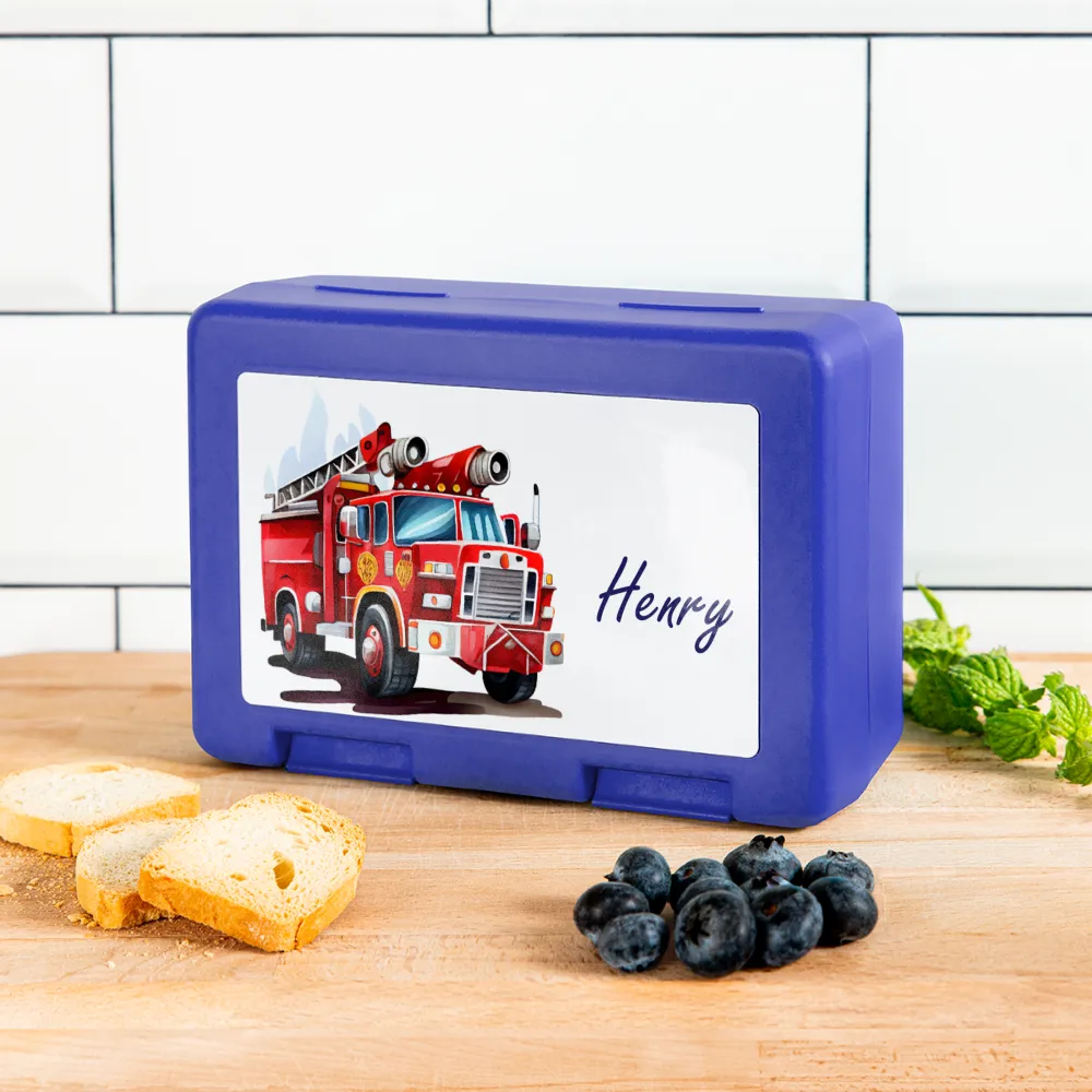 Personalisierte Brotdose mit Namen und Feuerwehr Fahrzeuge in blau - coole Jausendose mit personalisierbarem Motiv - Name und Motiv kann geändert werden - in verschiedenen Farben -