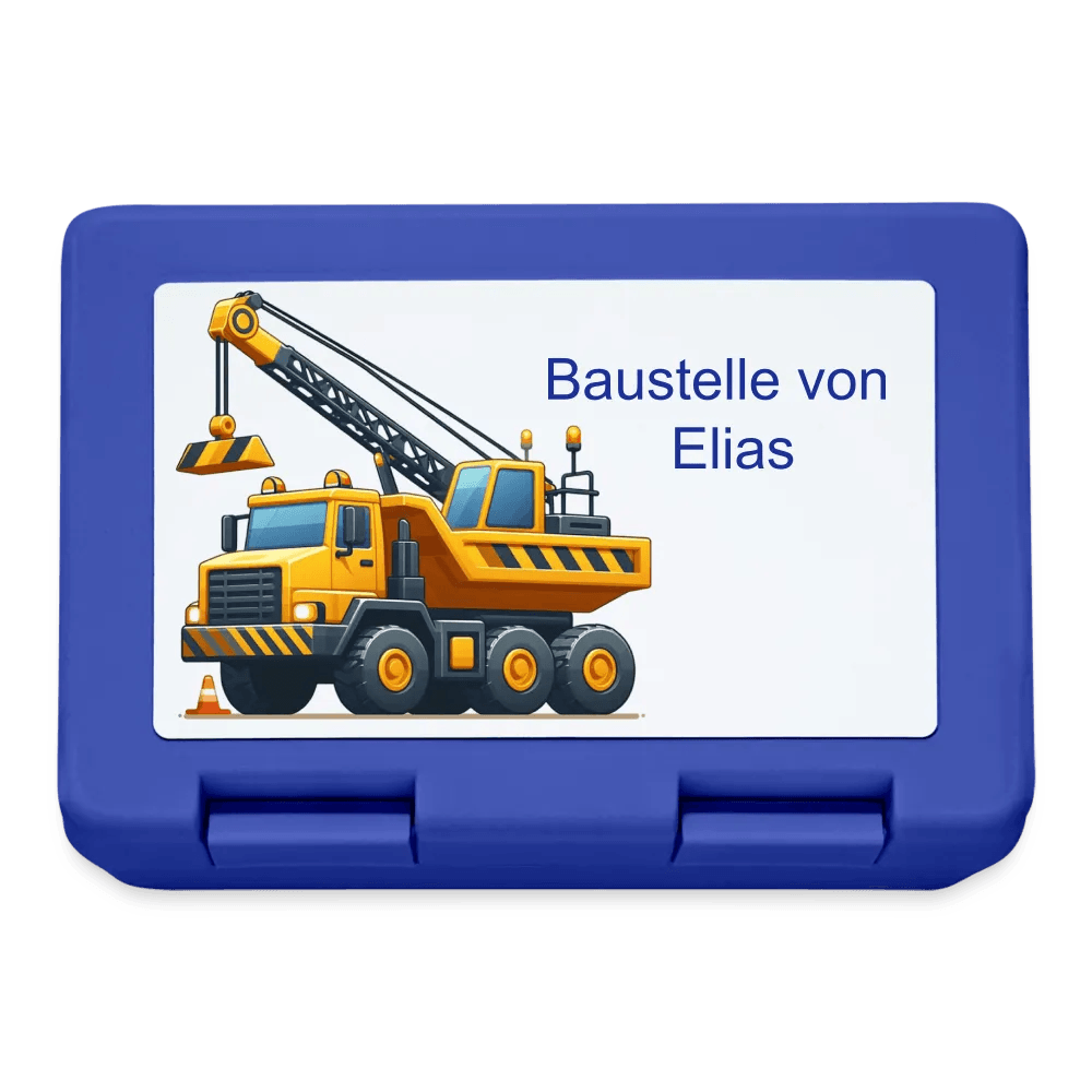 happy-prints.eu - Personalisierte Brotdose in blau mit Baustellenfahrzeuge - Jungen Jausendose - Name und Motiv kann geändert werden