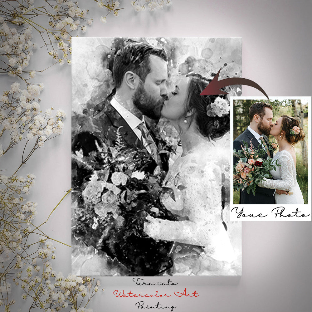 Personalisiertes Schwarz-Weiß-Wasserfarben-Bild zur Hochzeit auf Leinwand – ungerahmtes Porträt-Canvas-Poster, perfekt für Hochzeiten, Paare, Familien, Verlobungen, Haustiergedenken, in verschiedenen Größen
