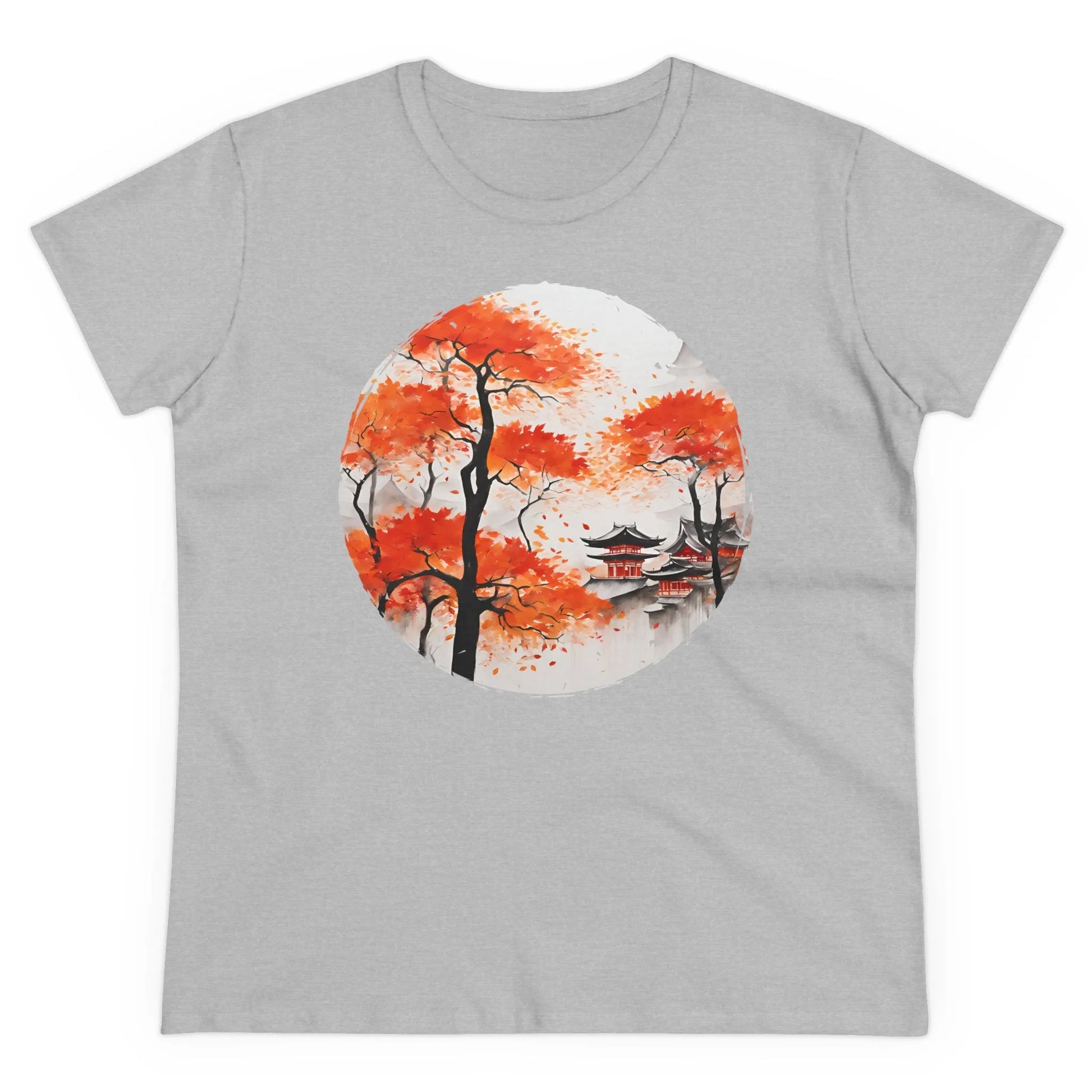Damen Rundhals Shirt mit modernem Print - Abstrakte Landschaft in Japan - tailliertes Kurzarm T-Shirt für Frauen - auch in großen Größen - 100% Baumwolle - 180 g/m² - Sport Grey