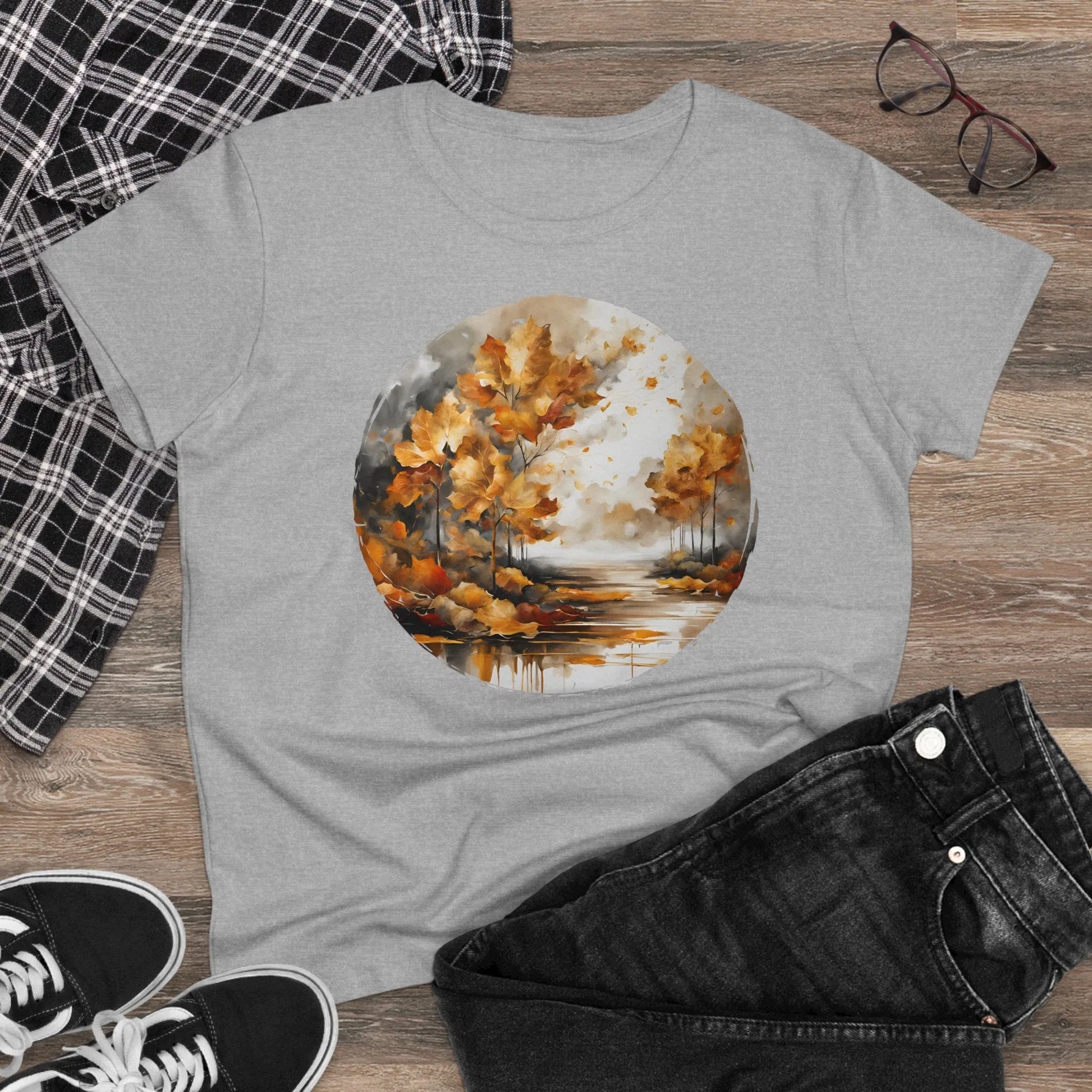 Damen Rundhals Shirt mit modernem Print - Abstrakte Landschaft im Herbst/Winter - tailliertes Kurzarm T-Shirt für Frauen - auch in großen Größen - 100% Baumwolle - 180 g/m² -
