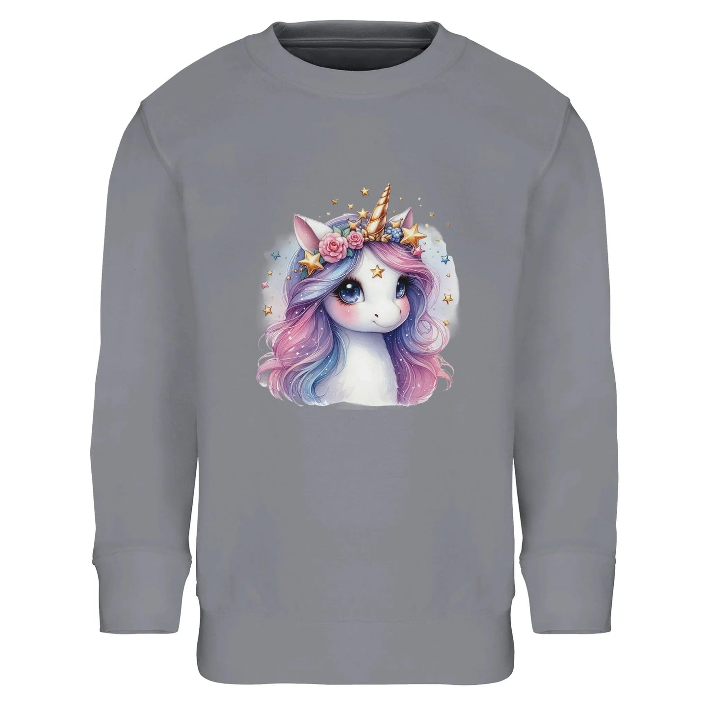 Kinder Sweatshirt mit pastell Einhorn Mädchen mit Sterne - Unicorn Aufdruck für Weihnachten und Winter - 4 bis 14 Jahre – in vielen Farben und Größen - Grey Melange
