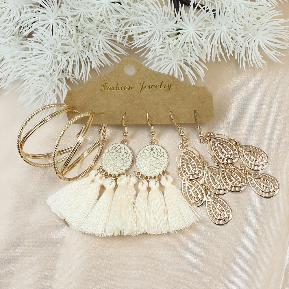 3er-Set Geometrische Damen Tassel-Ohrringe – Boho-Vintage Stil in Gold & Beige, KC Vergoldet, Hängende Statement-Pieces für Alltag & Events