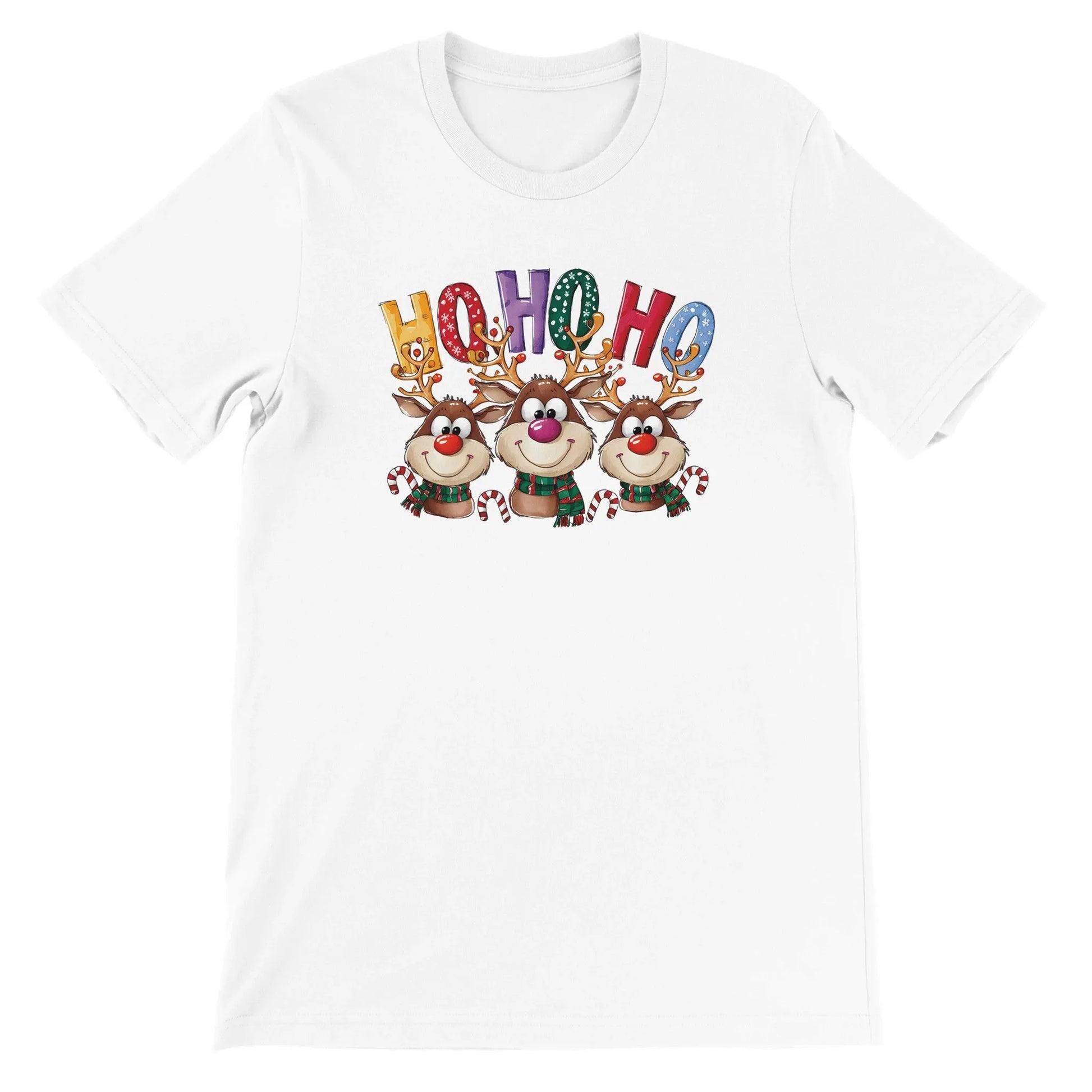 Unisex Kurzarm T-Shirt mit Ho Ho Ho Elche Spruch - Print für Weihnachten und Winter - leicht tailliert – viele Farben und große Größen für Damen - Weiß