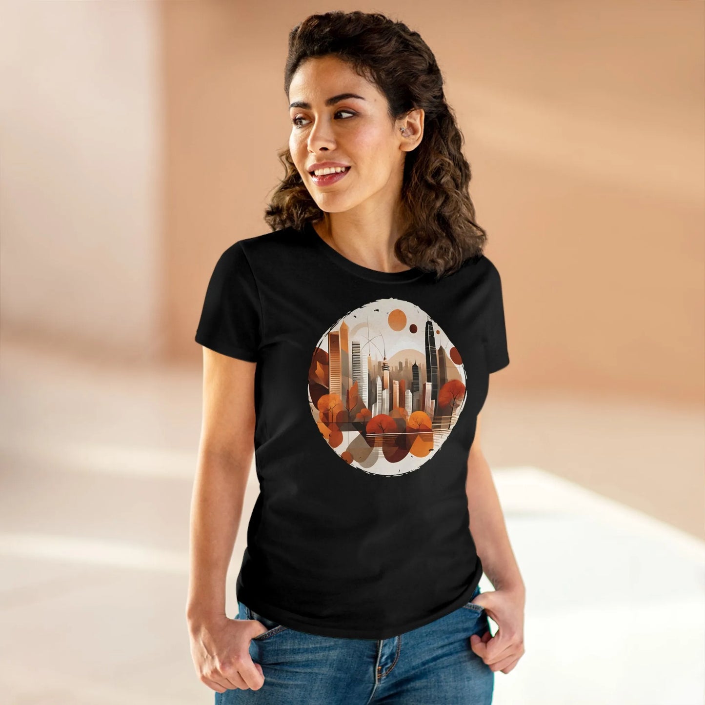 Damen Rundhals Shirt mit modernem Print - modernes Stadtleben im Herbst - tailliertes Kurzarm T-Shirt für Frauen - auch in großen Größen - 100% Baumwolle - 180 g/m² -
