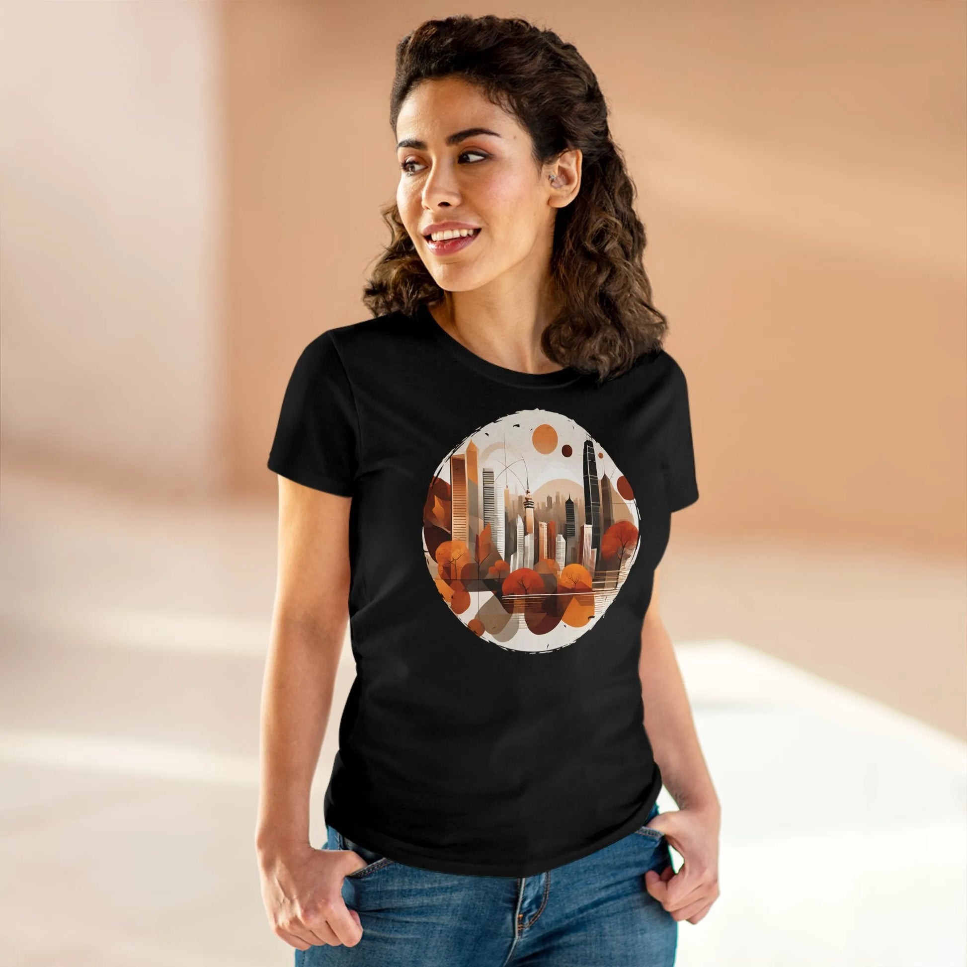 Damen Rundhals Shirt mit modernem Print - modernes Stadtleben im Herbst - tailliertes Kurzarm T-Shirt für Frauen - auch in großen Größen - 100% Baumwolle - 180 g/m² -