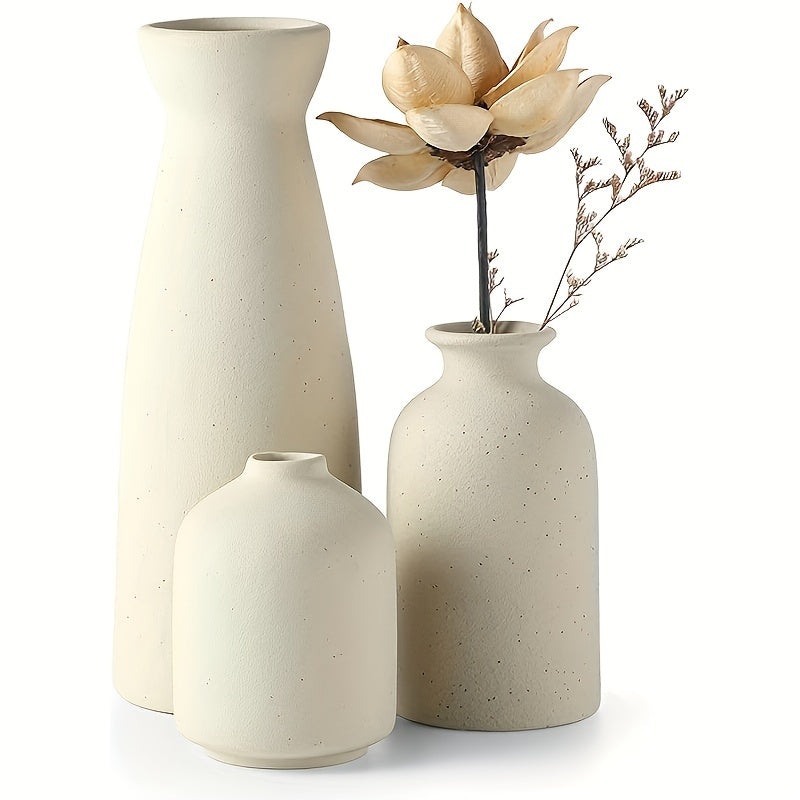3er-Set Boho Keramikvasen in Beige oder Weiß -  „Form & Blüte“ – Mattes Finish, Geometrisch-Florale Designs & Sockel-Form, Rutschfest & Dekorativ für Wohnzimmer & Bücherregal