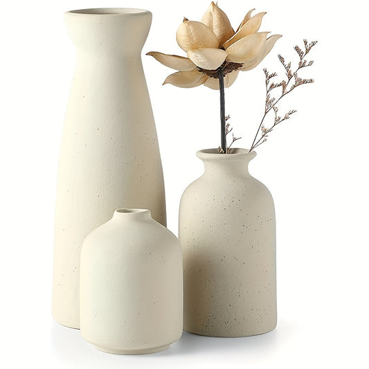 3er-Set Boho Keramikvasen in Beige oder Weiß -  „Form & Blüte“ – Mattes Finish, Geometrisch-Florale Designs & Sockel-Form, Rutschfest & Dekorativ für Wohnzimmer & Bücherregal