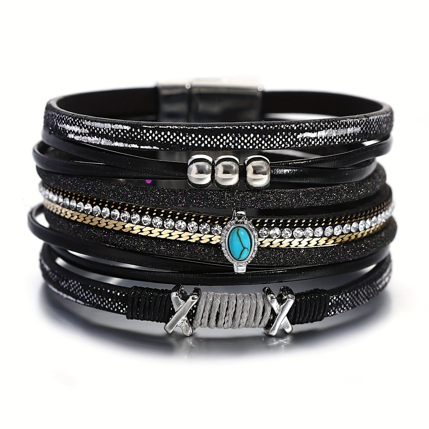 Wunderschönes Retro Kreuz-Armband für Damen – Mehrteiliges Kunstleder Schmuckarmband mit blauen Steinen & Strass - 19,5cm Durchmesser - 7 Farben