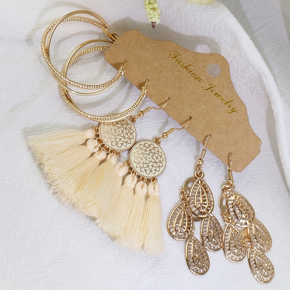 3er-Set Geometrische Damen Tassel-Ohrringe – Boho-Vintage Stil in Gold & Beige, KC Vergoldet, Hängende Statement-Pieces für Alltag & Events