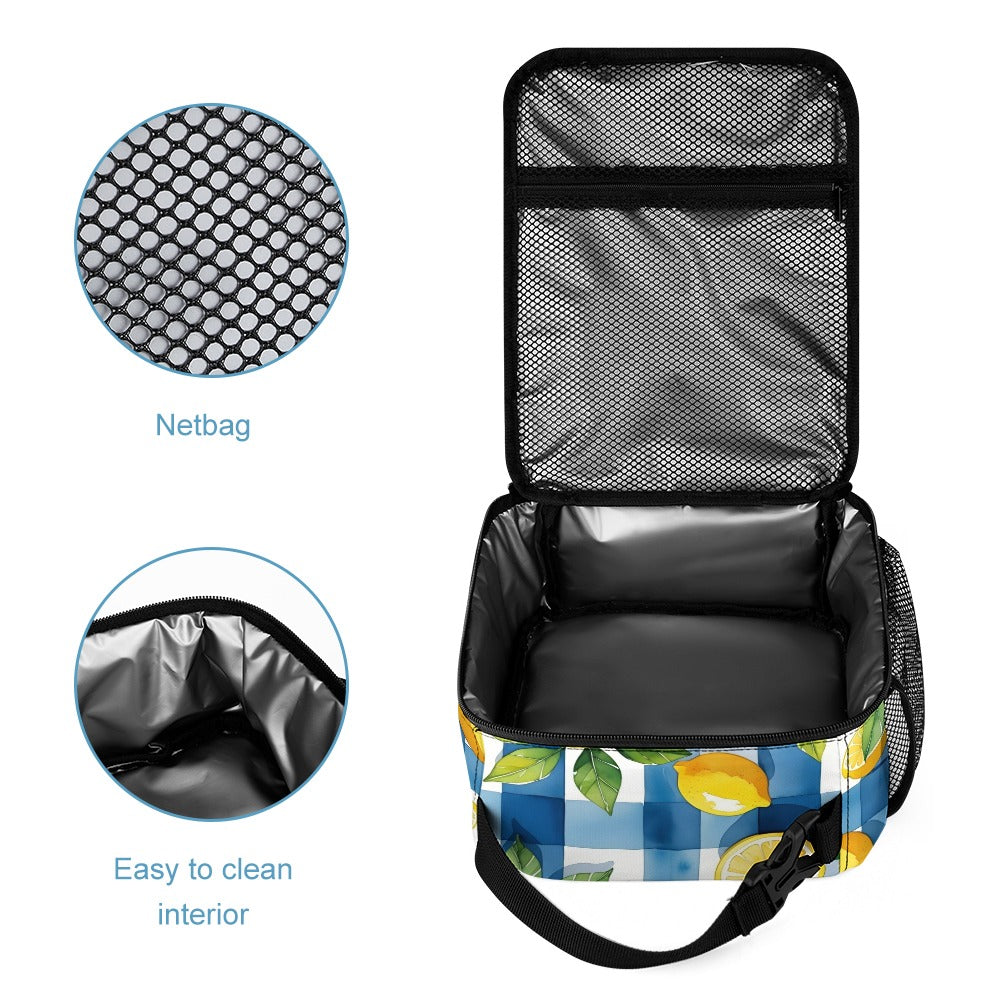 Fröhliches 3-teiliges Kinder Taschen Set mit Rucksack, Lunchtasche & Federmäppchen mit Zitronen - in den sommerlichen Farben blau, gelb, weiß und grün