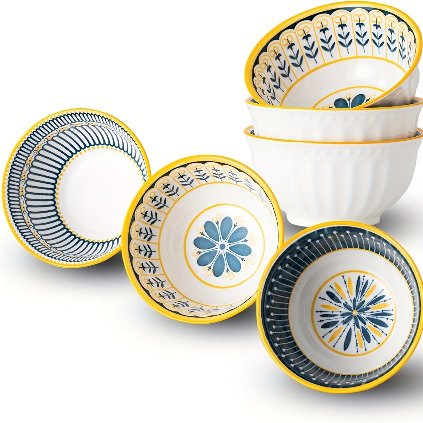 6er-Set sommerliche Keramikschüsseln mit Blumen- & Geometriemuster in Blau, Gelb und Weiß – Runde Schalen mit 11,5 × 6,1 cm
