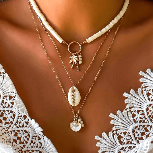 3er-Set Damen Boho Halsketten mit Muscheln, Palme und Perlen – sommerlicher Schmuck für Frauen mit Weiß- oder Türkisakzent