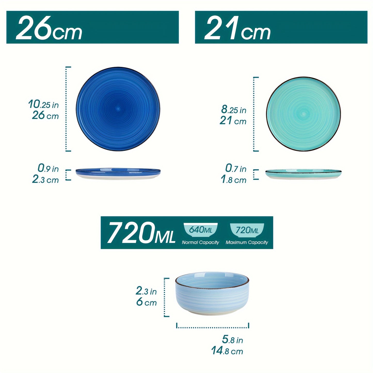 Wunderschönes 12-teiliges Steingut-Tafelservice in den Farben des Meeres - Blau und Mint – Handbemaltes Geschirr für 4 Personen mit Speiseteller, Dessertteller & Müslischale
