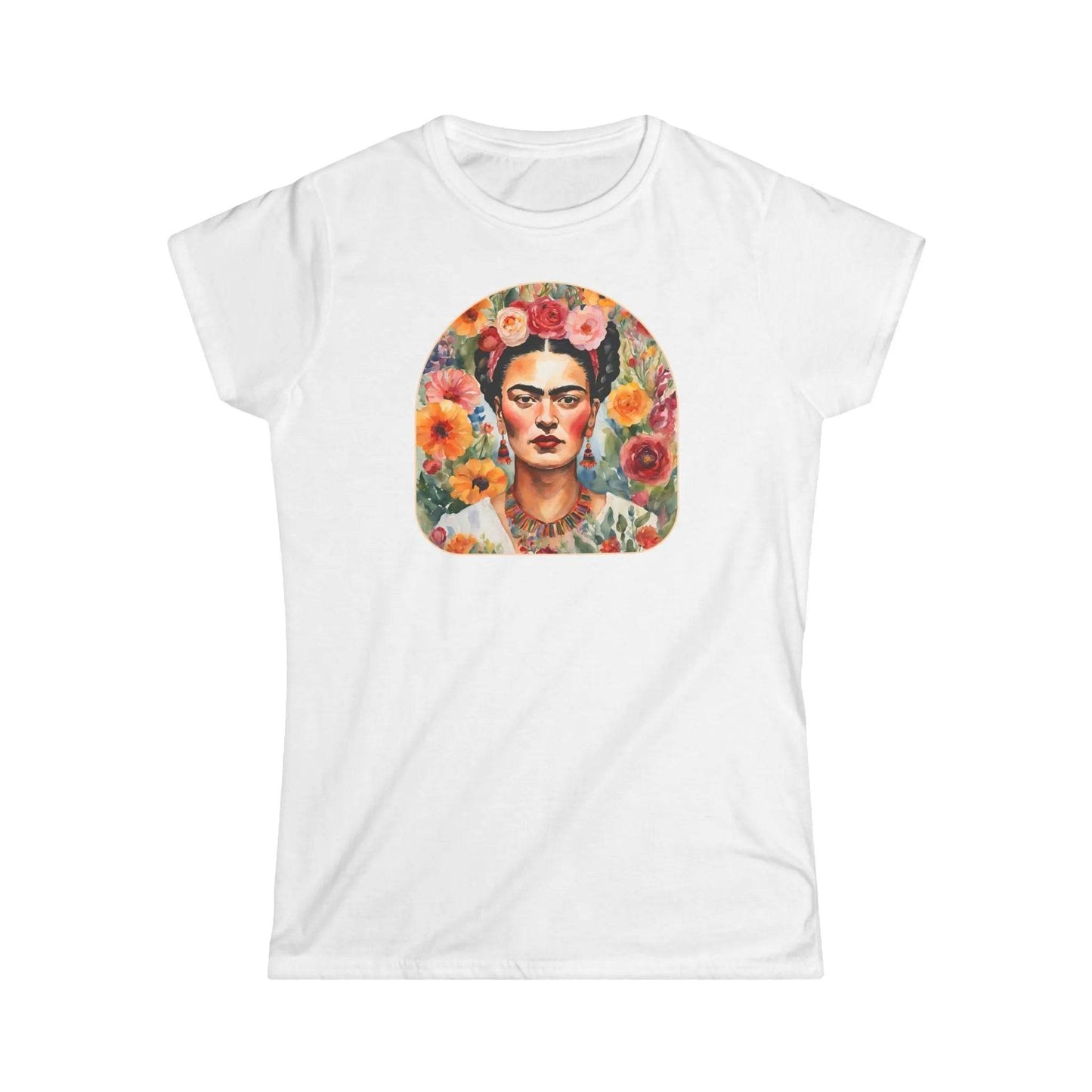 Tailliertes Damen Kurzarm T-Shirt mit Aufdruck – bunter Frida Kahlo Blumen Print - 100% Baumwolle - 153 g/m² - auch in großen Größen - viele Farben - White