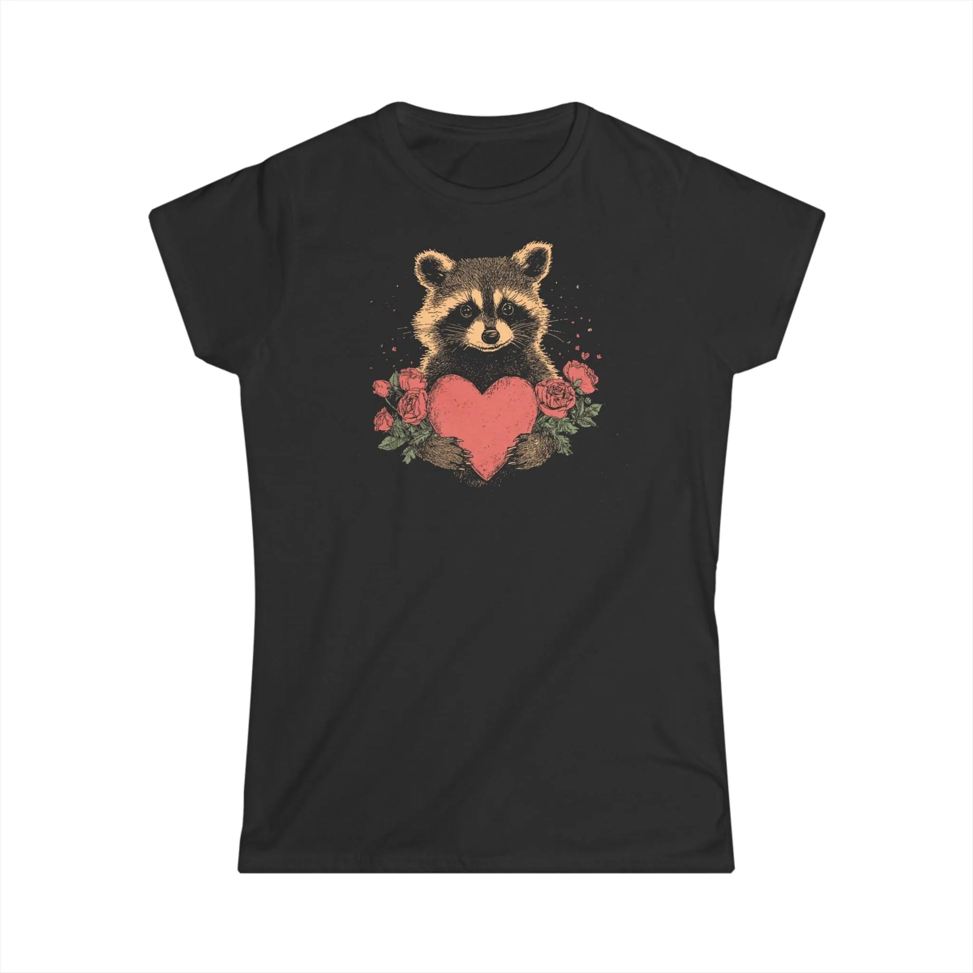 Tailliertes Damen Kurzarm T-Shirt mit Aufdruck - Retro Waschbär mit Herz zum Valentinstag - 100% Baumwolle - 153 g/m² - auch in großen Größen - in vielen Farben - Black