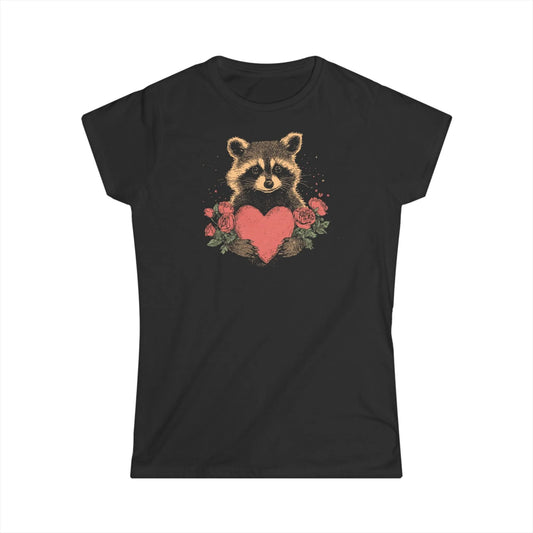 Tailliertes Damen Kurzarm T-Shirt mit Aufdruck - Retro Waschbär mit Herz zum Valentinstag - 100% Baumwolle - 153 g/m² - auch in großen Größen - in vielen Farben - Black