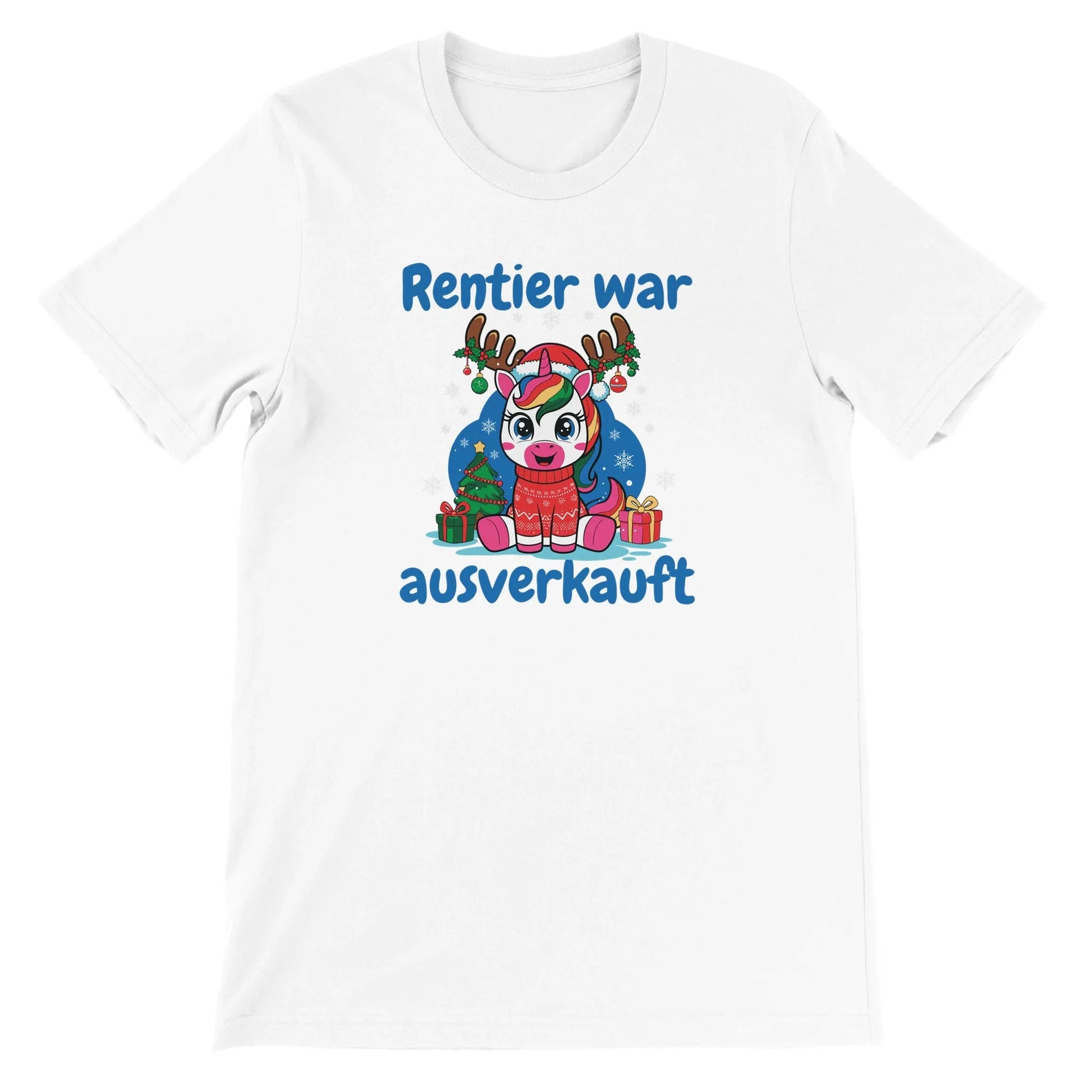 Unisex Einhorn Kurzarm T-Shirt mit Print mit Christmas Unicorn - Reintier war ausverkauft - Weihnachten und Winter - leicht tailliert – viele Farben und große Größen für Damen und Herren - Weiß