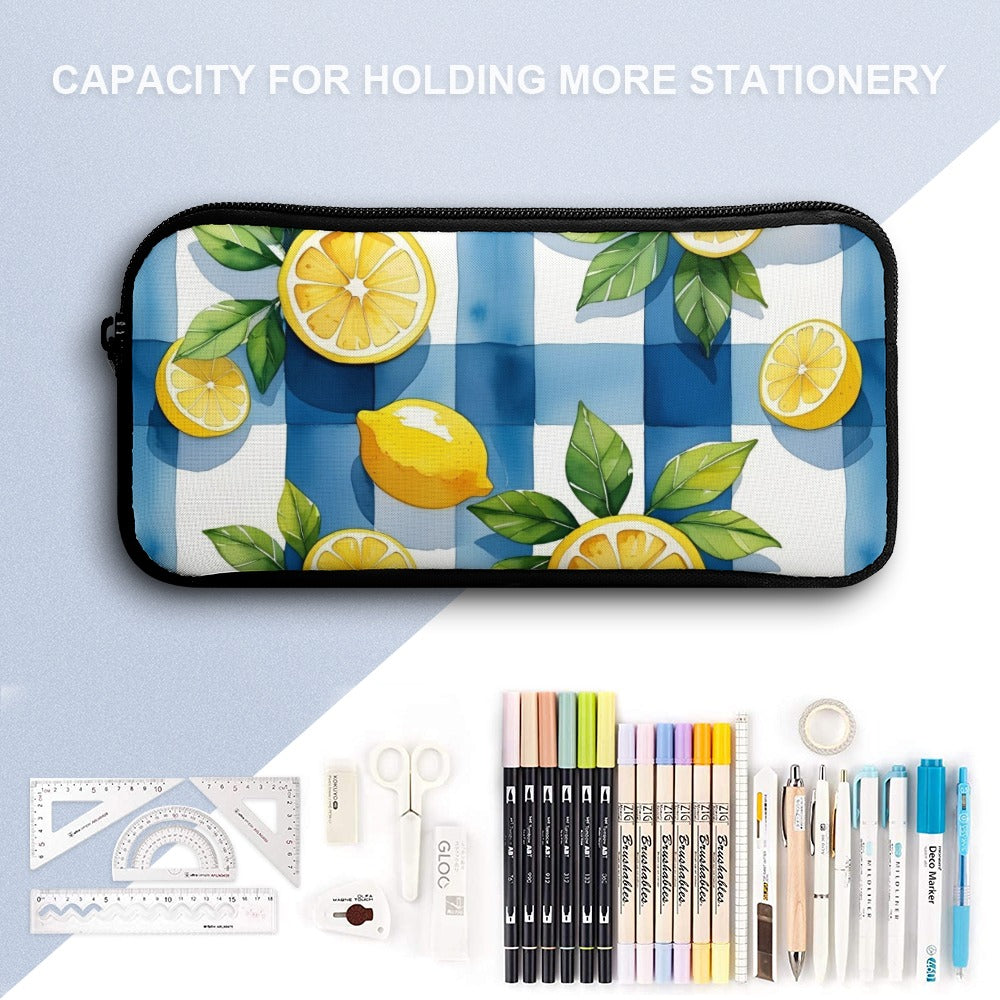 Fröhliches 3-teiliges Kinder Taschen Set mit Rucksack, Lunchtasche & Federmäppchen mit Zitronen - in den sommerlichen Farben blau, gelb, weiß und grün