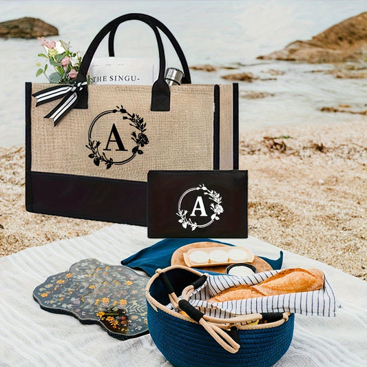 2-teiliges Set: Große und kleine personalisierte Monogramm Canvas Tragetasche mit Buchstaben  A / S / L / M - in schönem Rahmen - Aufdruck in Schwarz - ohne Verschluss