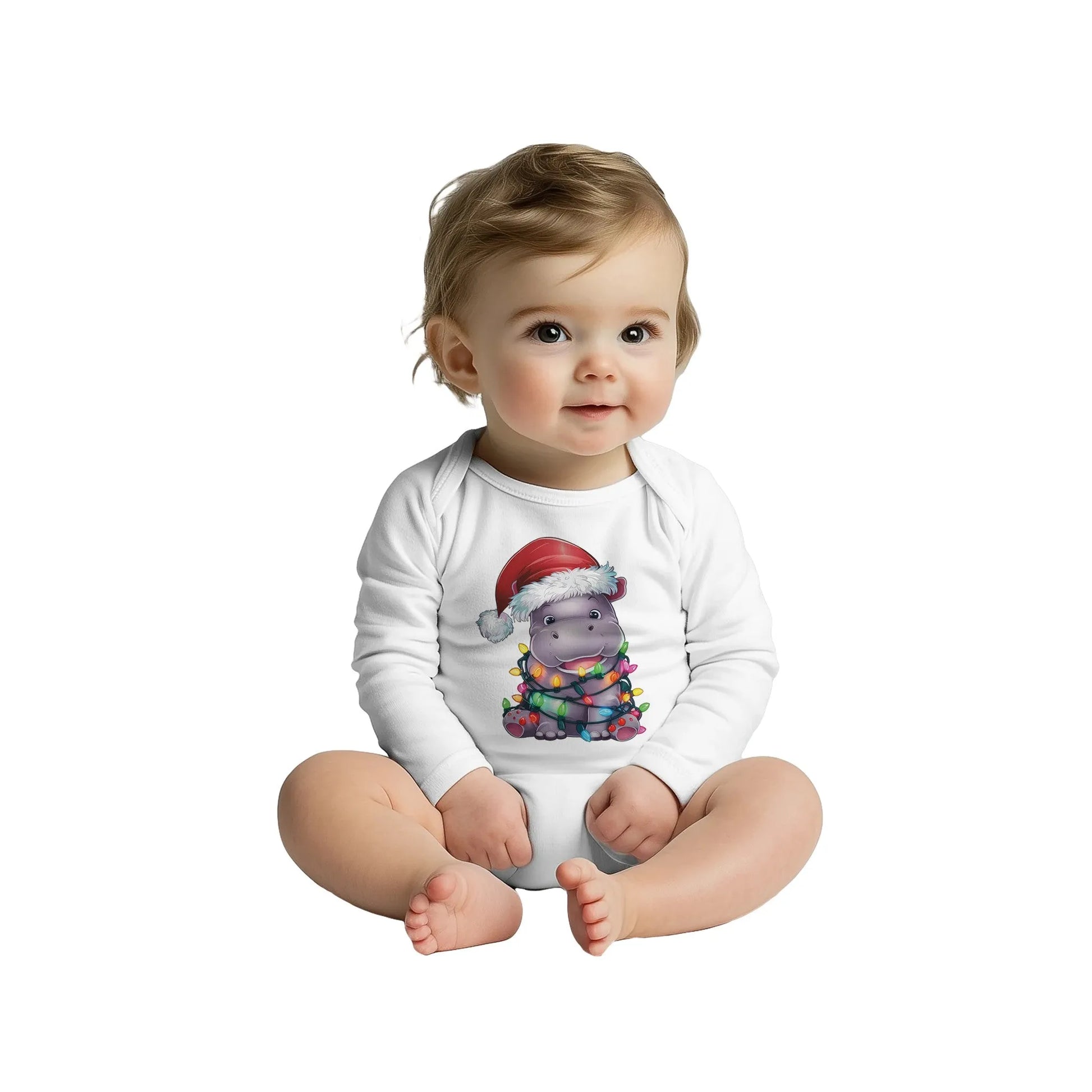 Baby Langarm Body für Weihnachten - Aufdruck Nilpferd mit Santa Claus Mütze und Lichterkette - 100% Baumwolle - Größe bis 18 Monat bzw. 86 - Winter Body mit Muster -